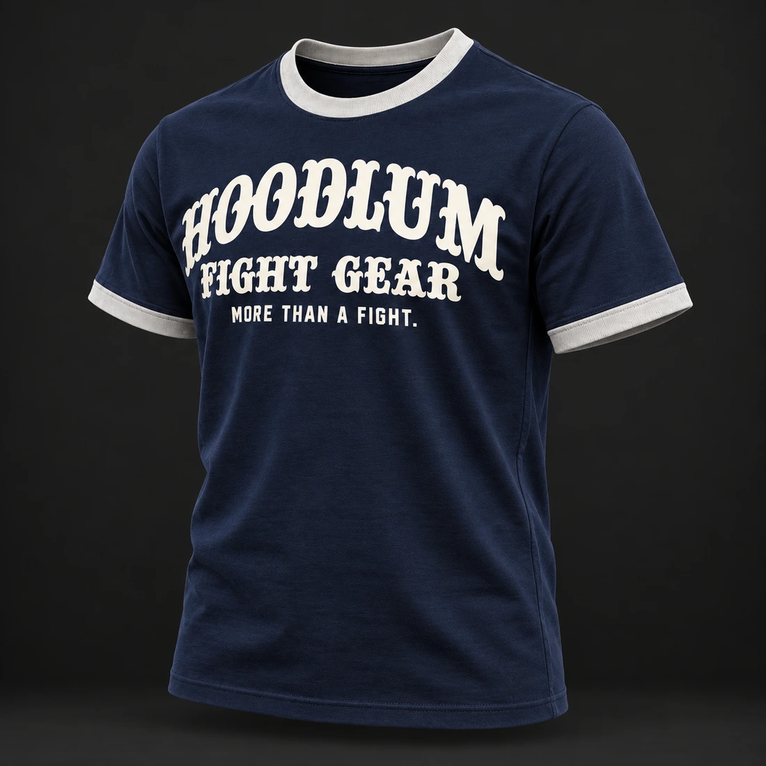 Fight Spirit Ringer Tee — Midnight / Ice — Three-quarter view (AI demo concept)