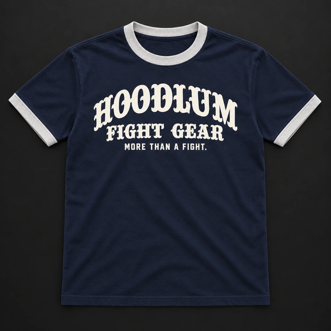 Fight Spirit Ringer Tee — Midnight / Ice — Flat-lay view (AI demo concept)