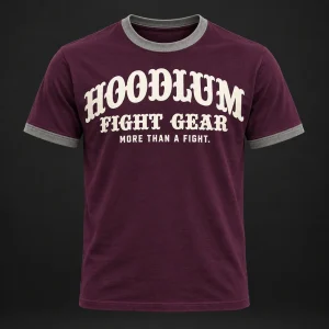 Fight Spirit Ringer Tee — Plum / Pewter — Front view (AI demo concept)