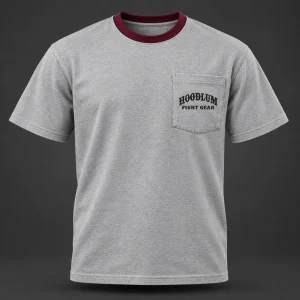 Final Round Pocket Tee — Ash / Burgundy — Front view (AI demo concept)
