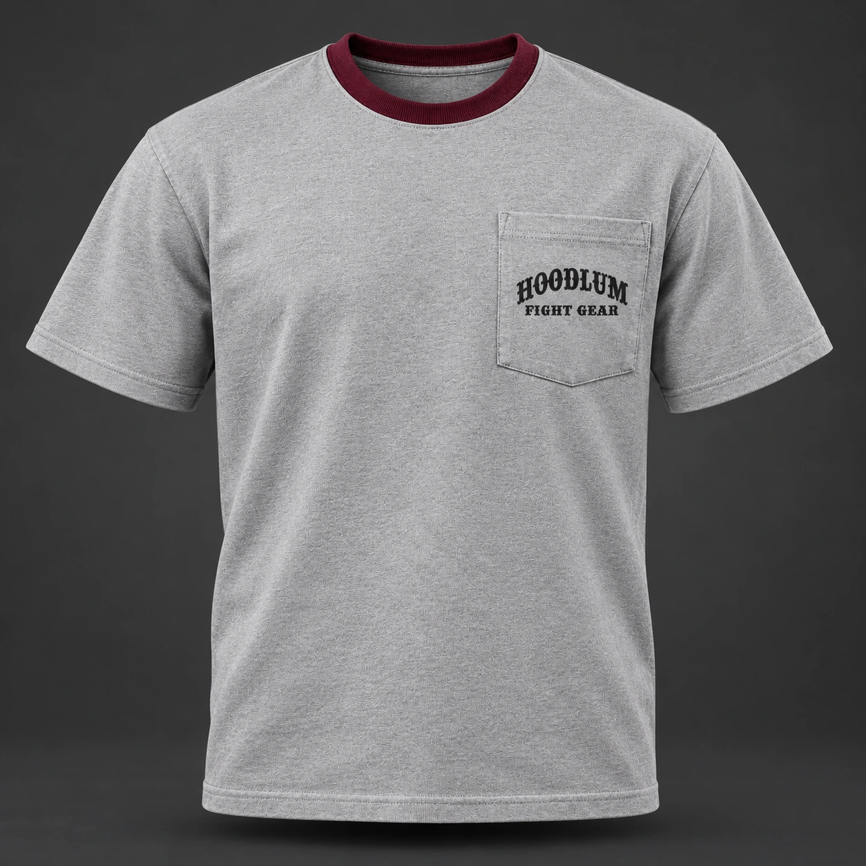 Final Round Pocket Tee — Ash / Burgundy — Front view (AI demo concept)