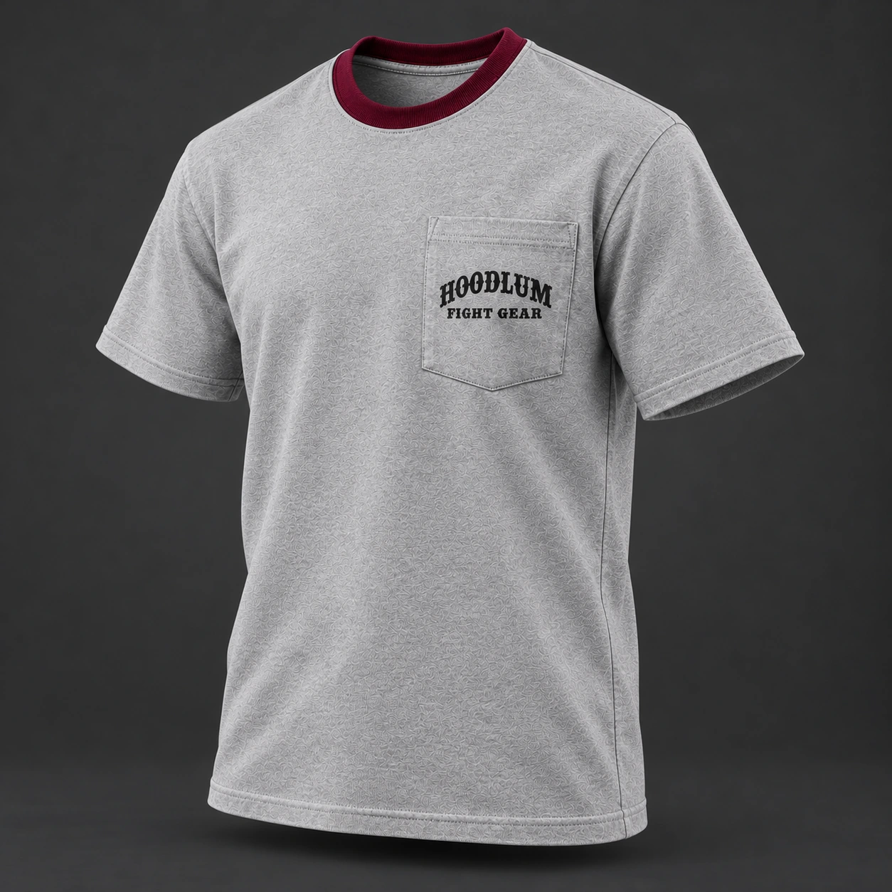 Final Round Pocket Tee — Ash / Burgundy — Three-quarter view (AI demo concept)