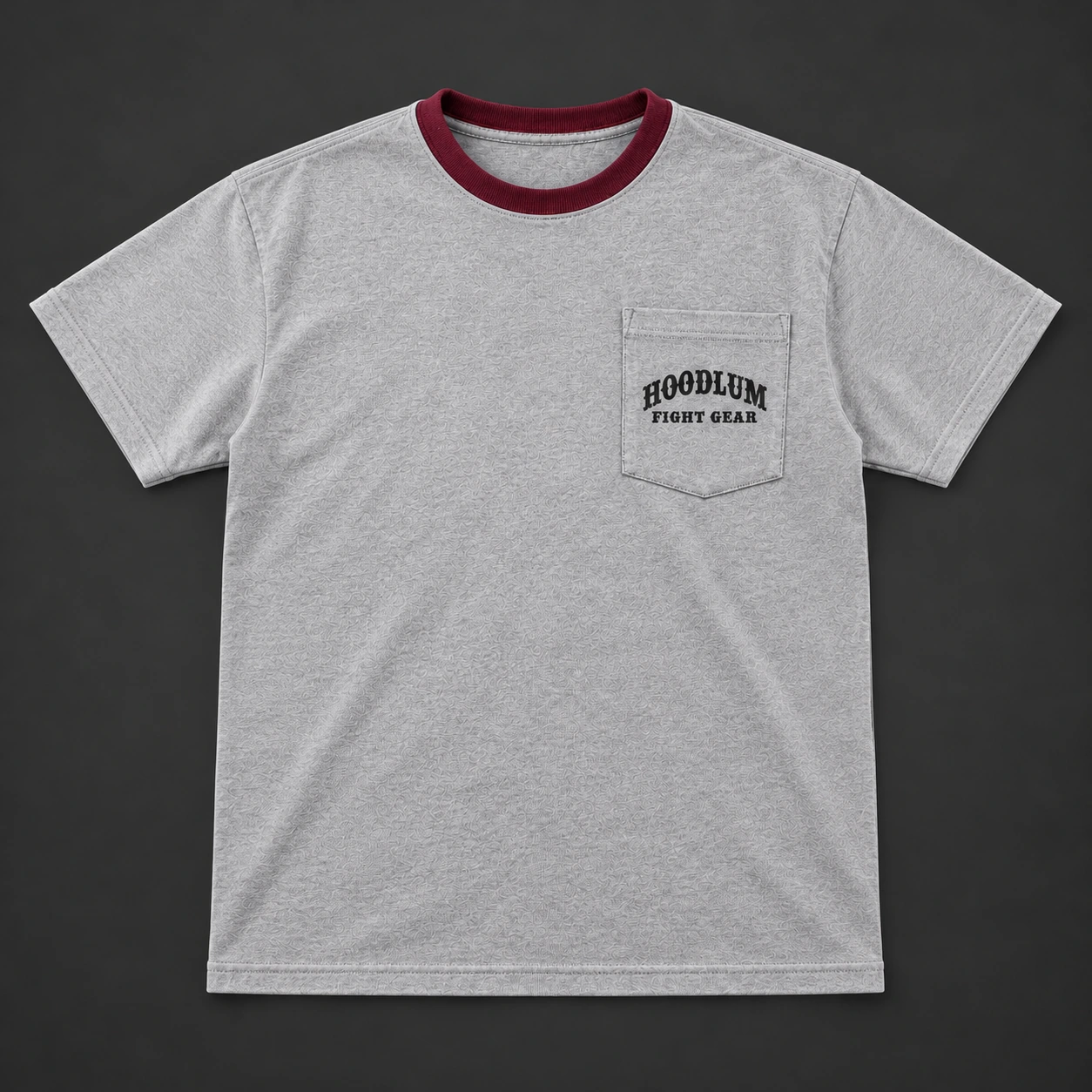 Final Round Pocket Tee — Ash / Burgundy — Flat-lay view (AI demo concept)