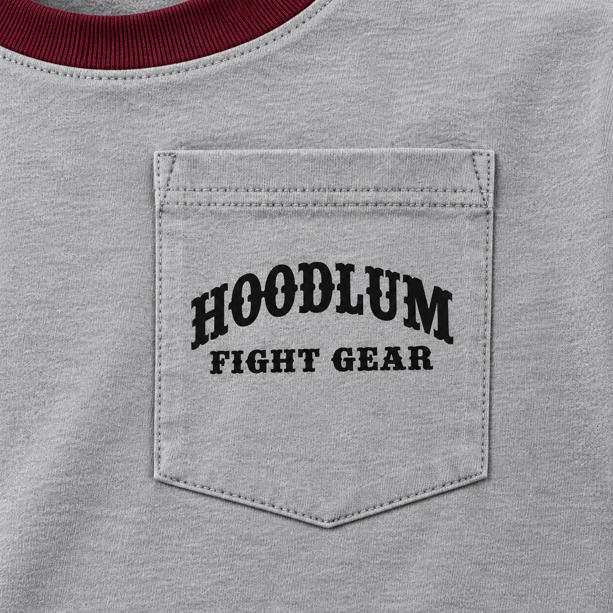 Final Round Pocket Tee — Ash / Burgundy — Branding detail (AI demo concept)