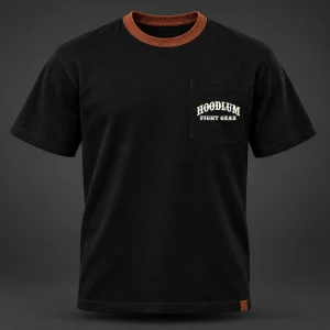 Final Round Pocket Tee — Black / Copper — Front view (AI demo concept)