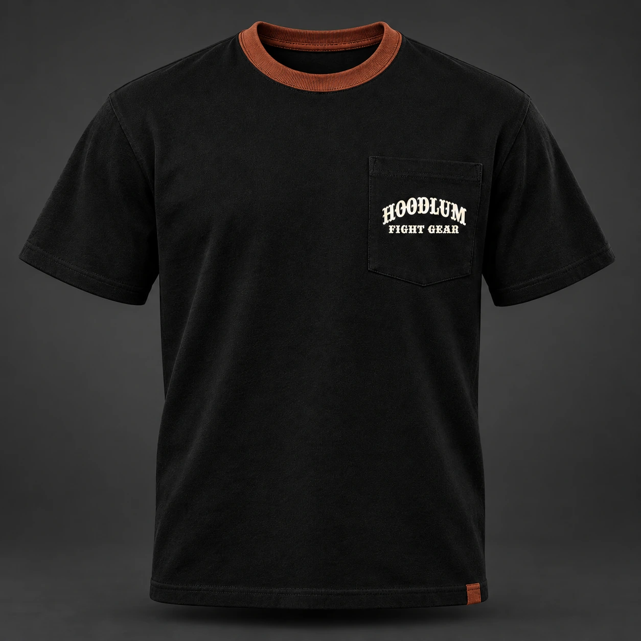 Final Round Pocket Tee — Black / Copper — Front view (AI demo concept)