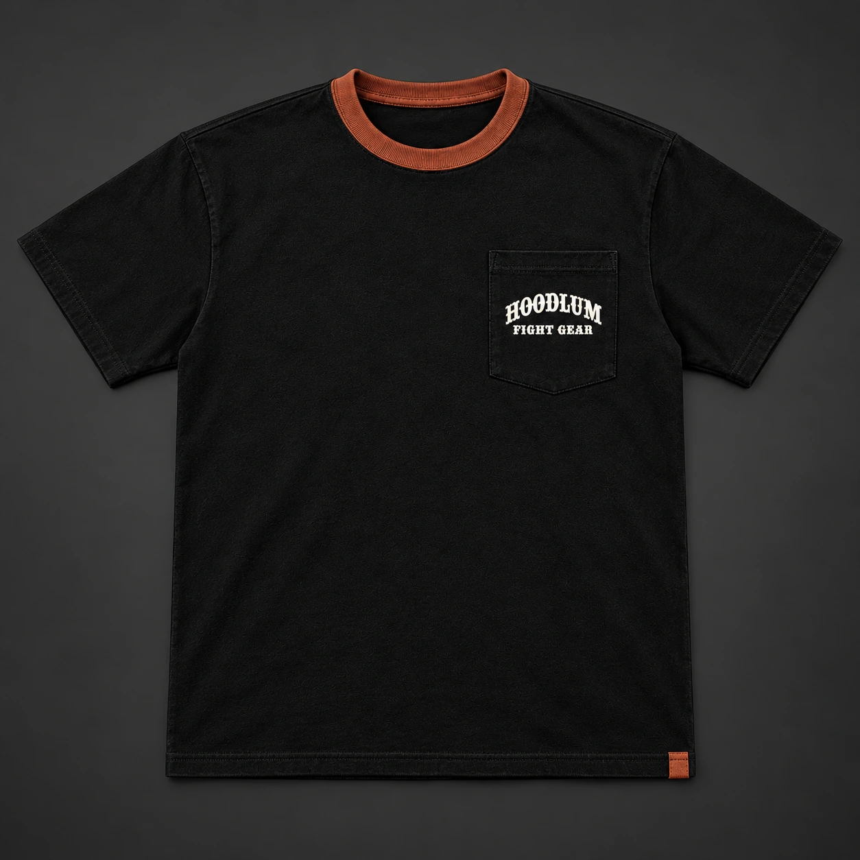 Final Round Pocket Tee — Black / Copper — Flat-lay view (AI demo concept)