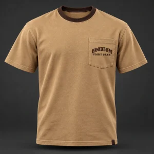 Final Round Pocket Tee — Camel / Espresso — Front view (AI demo concept)