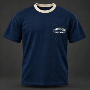 Final Round Pocket Tee — Marine / Bone — Front view (AI demo concept)