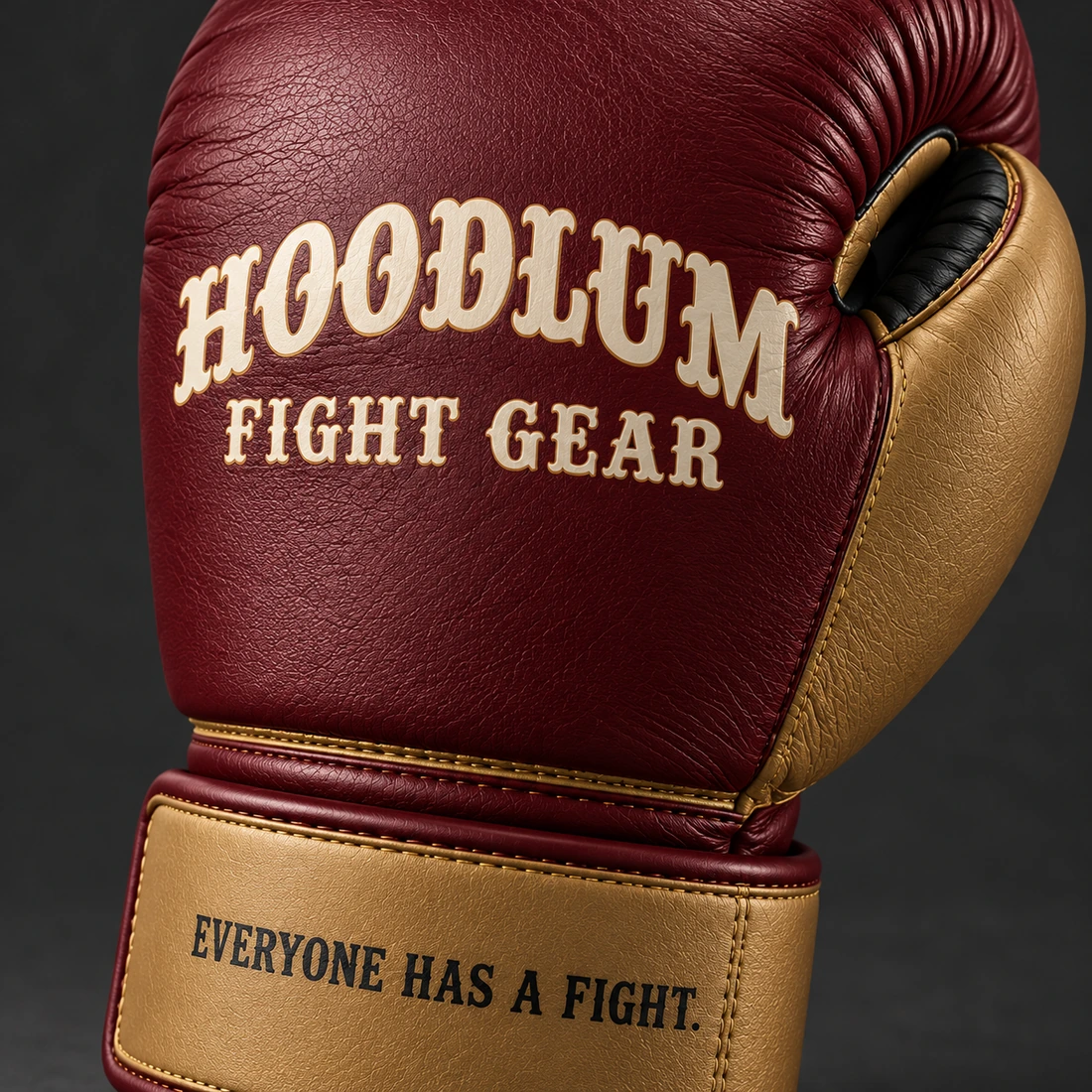 Ghost Training Gloves — Oxblood / Brass — Branding detail (AI demo concept)