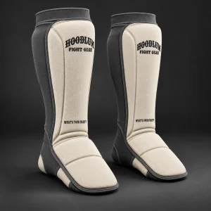 Grappling Shin Sleeves — Bone / Graphite — Three-quarter view (AI demo concept)