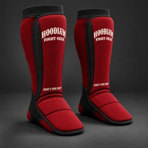 Grappling Shin Sleeves — Crimson / Onyx — Three-quarter view (AI demo concept)