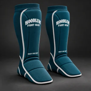 Grappling Shin Sleeves — Petrol / Chalk — Three-quarter view (AI demo concept)