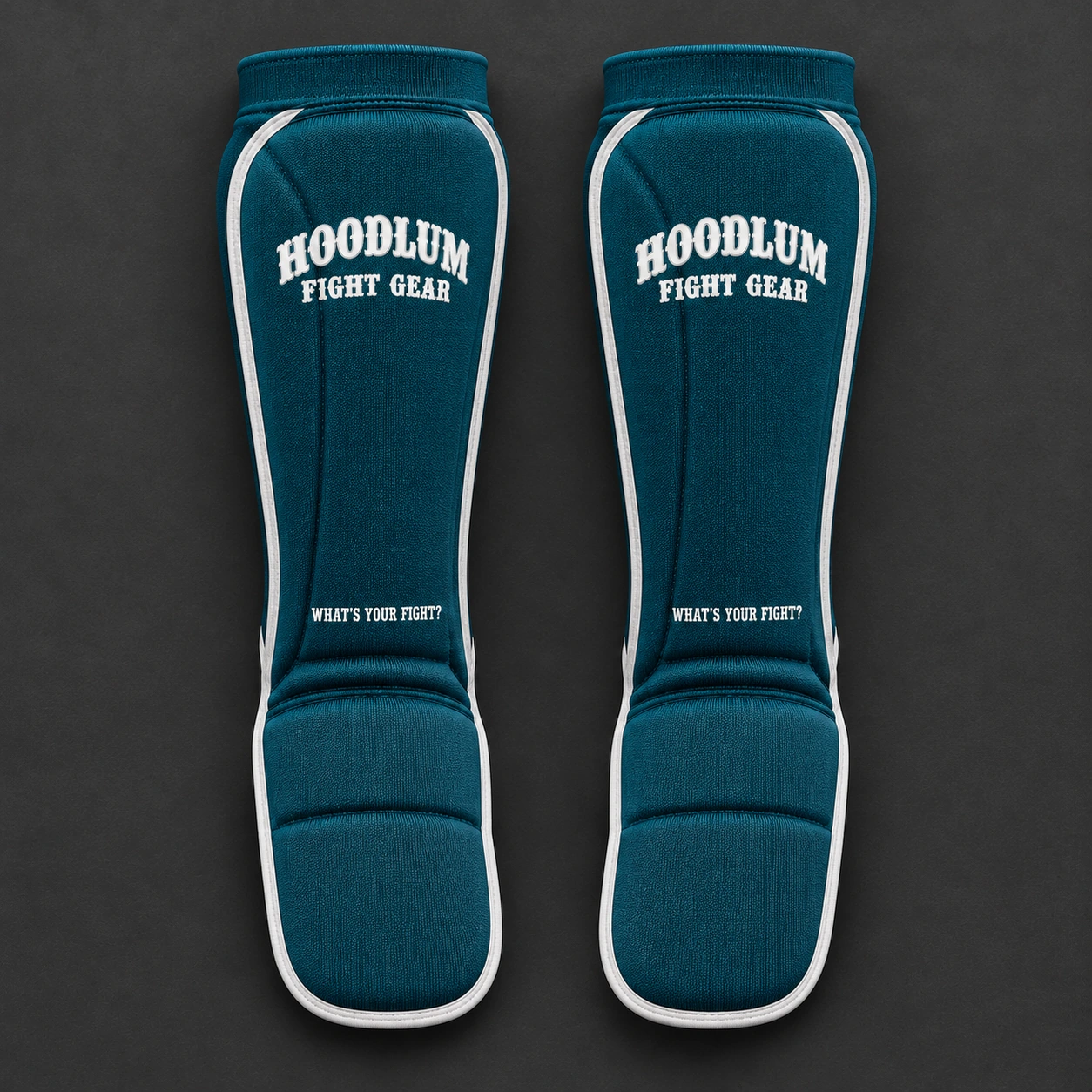 Grappling Shin Sleeves — Petrol / Chalk — Top view (AI demo concept)