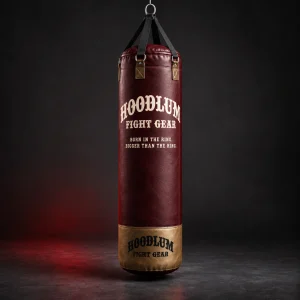 Heavy Bag — Oxblood / Brass — Three-quarter view (AI demo concept)