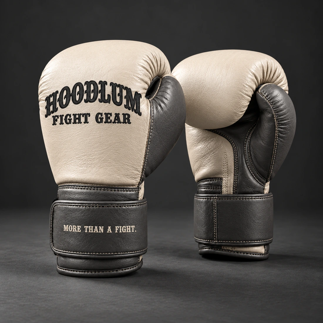 Heritage Boxing Gloves — Bone / Graphite — Three-quarter view (AI demo concept)