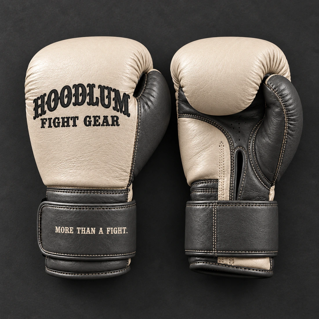 Heritage Boxing Gloves — Bone / Graphite — Top view (AI demo concept)