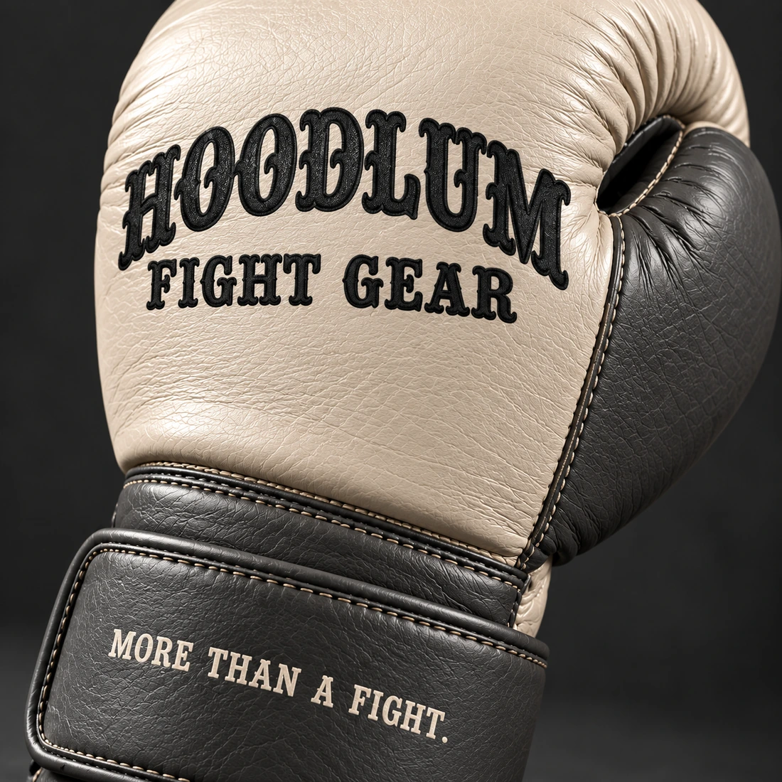 Heritage Boxing Gloves — Bone / Graphite — Branding detail (AI demo concept)
