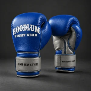 Heritage Boxing Gloves — Cobalt / Steel — Three-quarter view (AI demo concept)