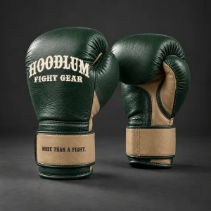 Heritage Boxing Gloves — Forest / Sand — Three-quarter view (AI demo concept)