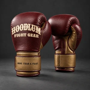 Heritage Boxing Gloves — Oxblood / Brass — Three-quarter view (AI demo concept)