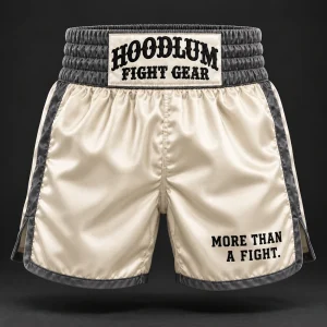 Heritage Satin Boxing Shorts — Bone / Graphite — Front view (AI demo concept)