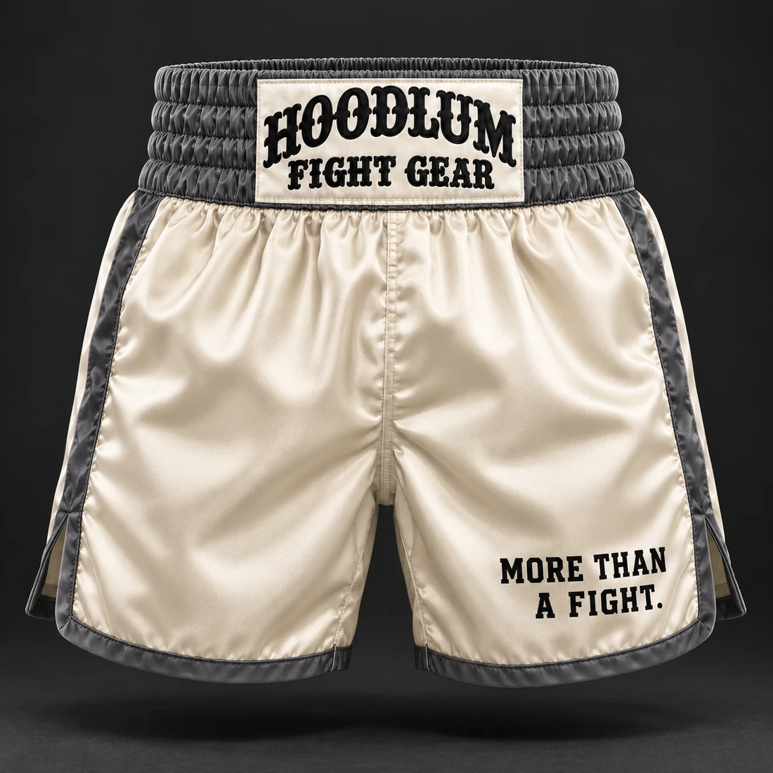 Heritage Satin Boxing Shorts — Bone / Graphite — Front view (AI demo concept)