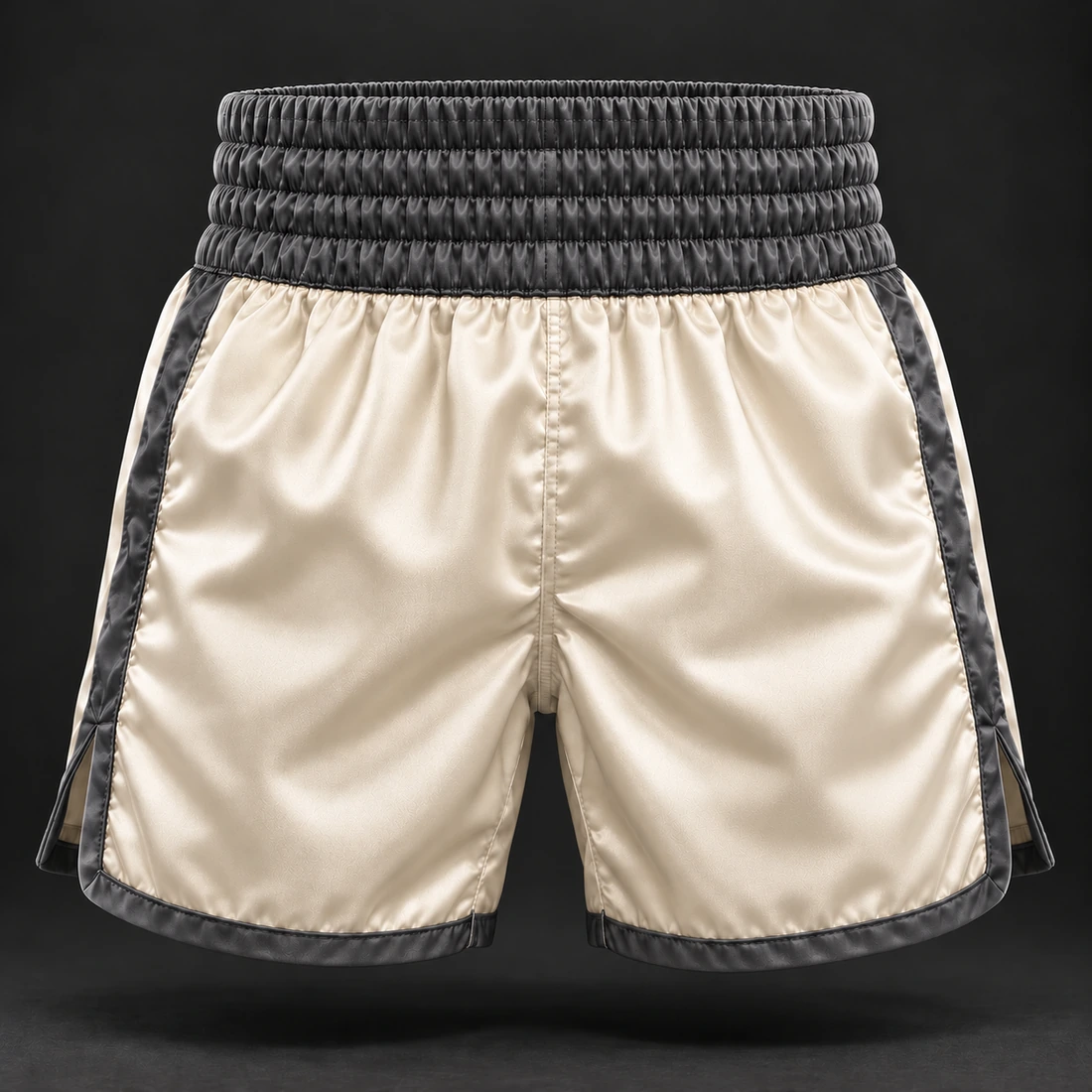 Heritage Satin Boxing Shorts — Bone / Graphite — Back view (AI demo concept)