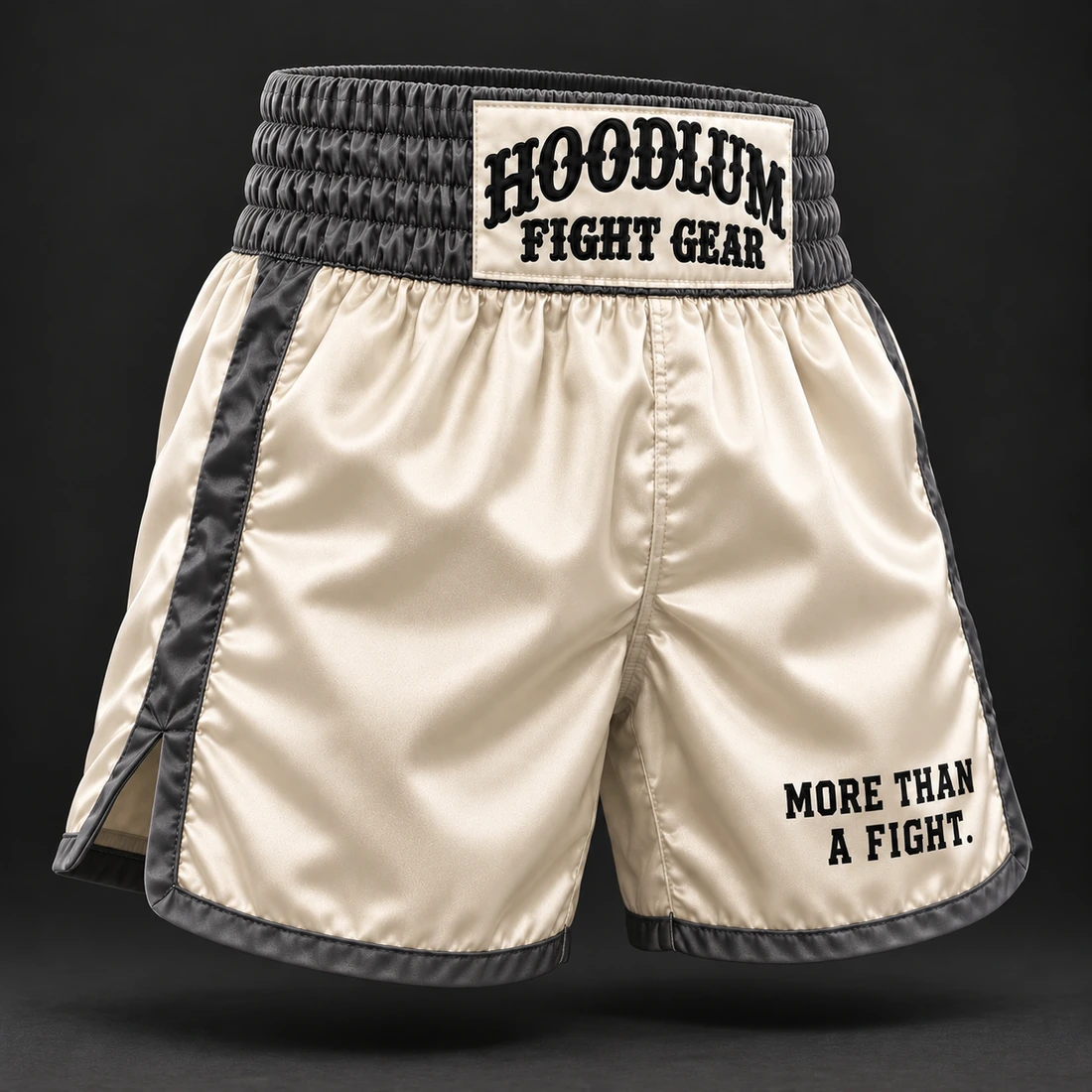 Heritage Satin Boxing Shorts — Bone / Graphite — Three-quarter view (AI demo concept)