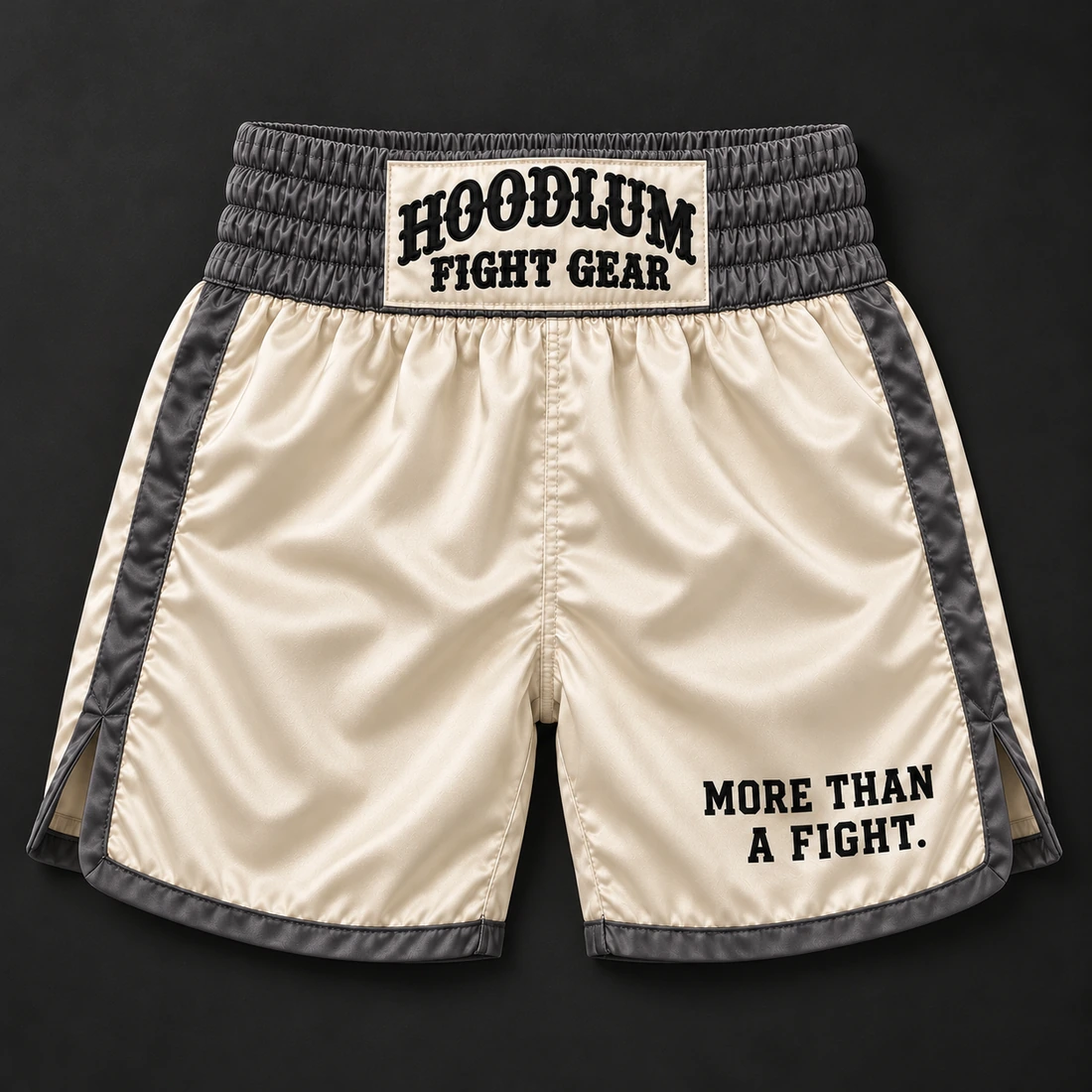 Heritage Satin Boxing Shorts — Bone / Graphite — Flat-lay view (AI demo concept)