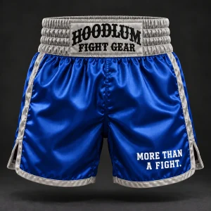Heritage Satin Boxing Shorts — Cobalt / Steel — Front view (AI demo concept)