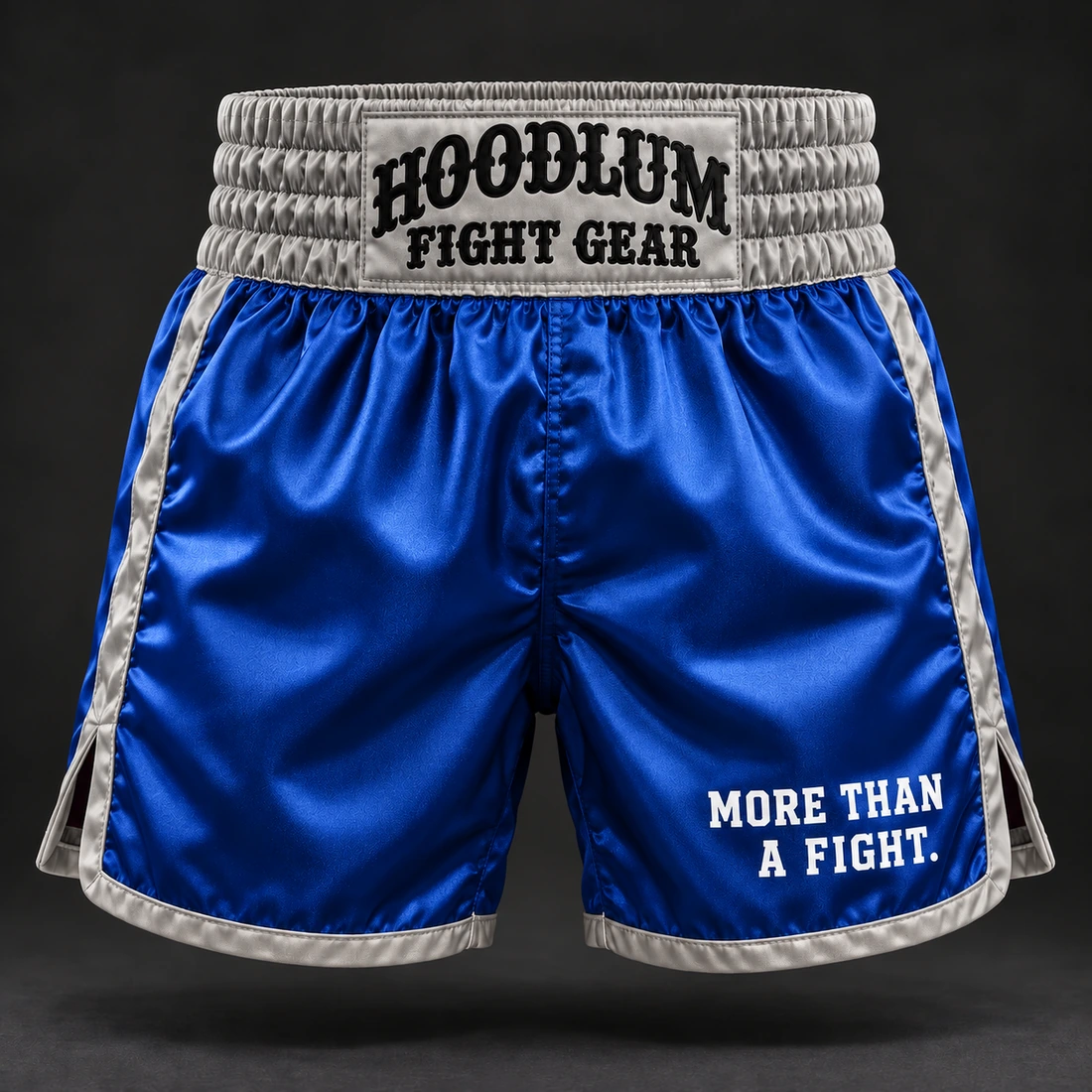 Heritage Satin Boxing Shorts — Cobalt / Steel — Front view (AI demo concept)