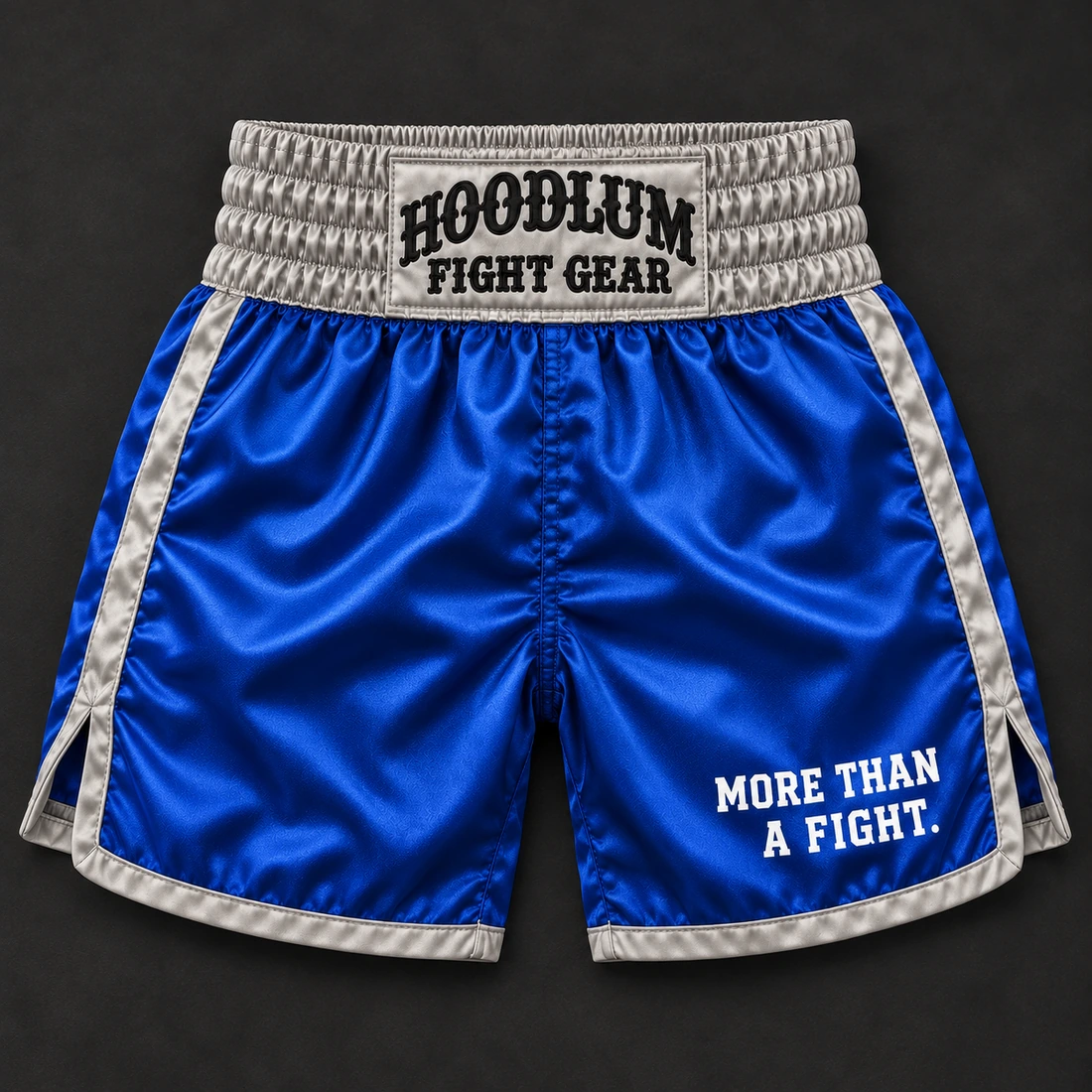 Heritage Satin Boxing Shorts — Cobalt / Steel — Flat-lay view (AI demo concept)