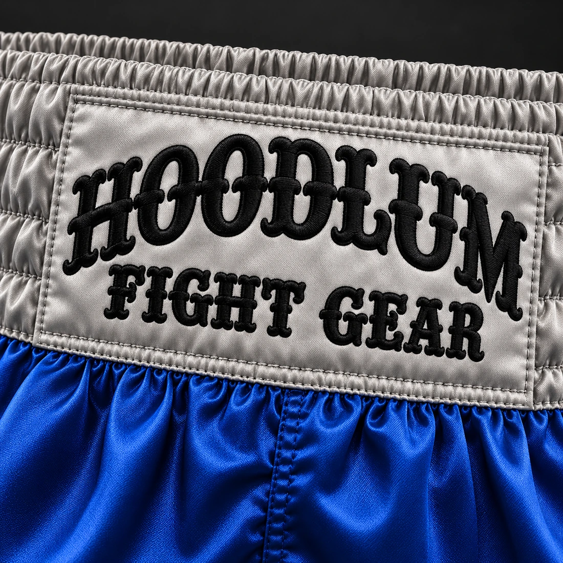 Heritage Satin Boxing Shorts — Cobalt / Steel — Branding detail (AI demo concept)