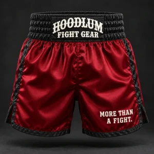 Heritage Satin Boxing Shorts — Crimson / Onyx — Front view (AI demo concept)