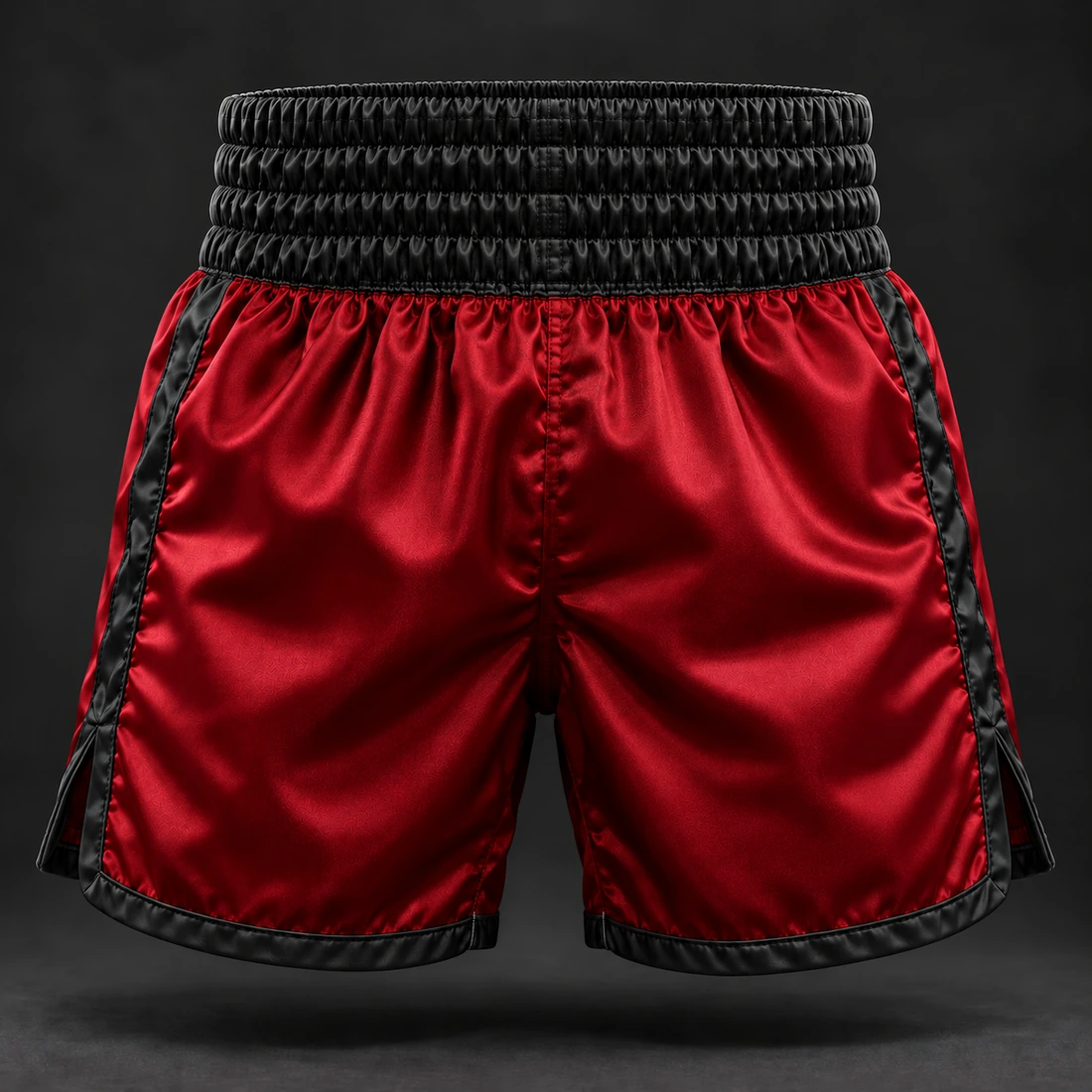 Heritage Satin Boxing Shorts — Crimson / Onyx — Back view (AI demo concept)