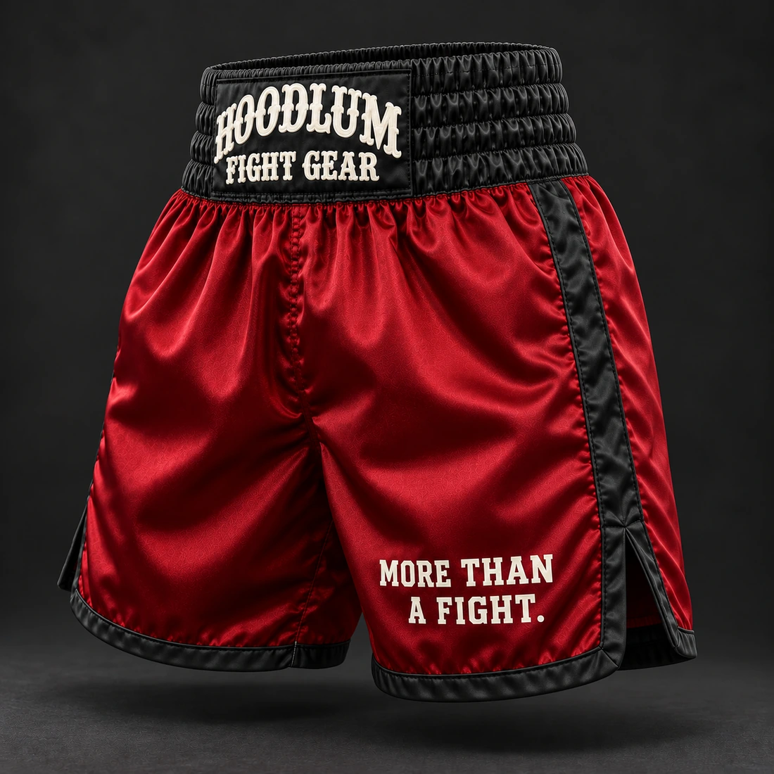 Heritage Satin Boxing Shorts — Crimson / Onyx — Three-quarter view (AI demo concept)