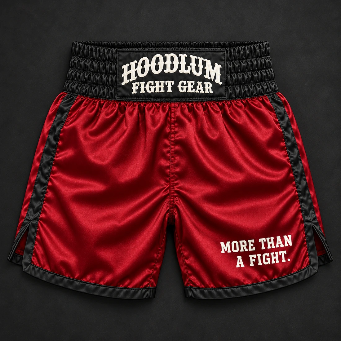 Heritage Satin Boxing Shorts — Crimson / Onyx — Flat-lay view (AI demo concept)