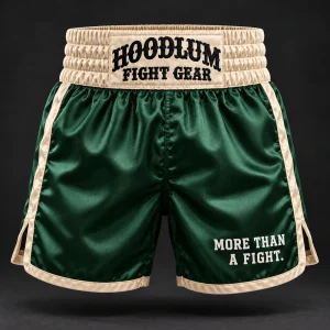 Heritage Satin Boxing Shorts — Forest / Sand — Front view (AI demo concept)