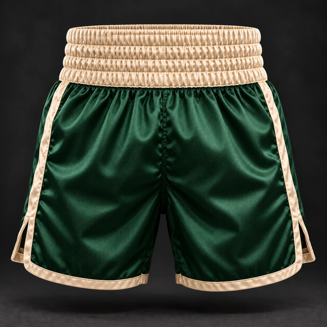 Heritage Satin Boxing Shorts — Forest / Sand — Back view (AI demo concept)
