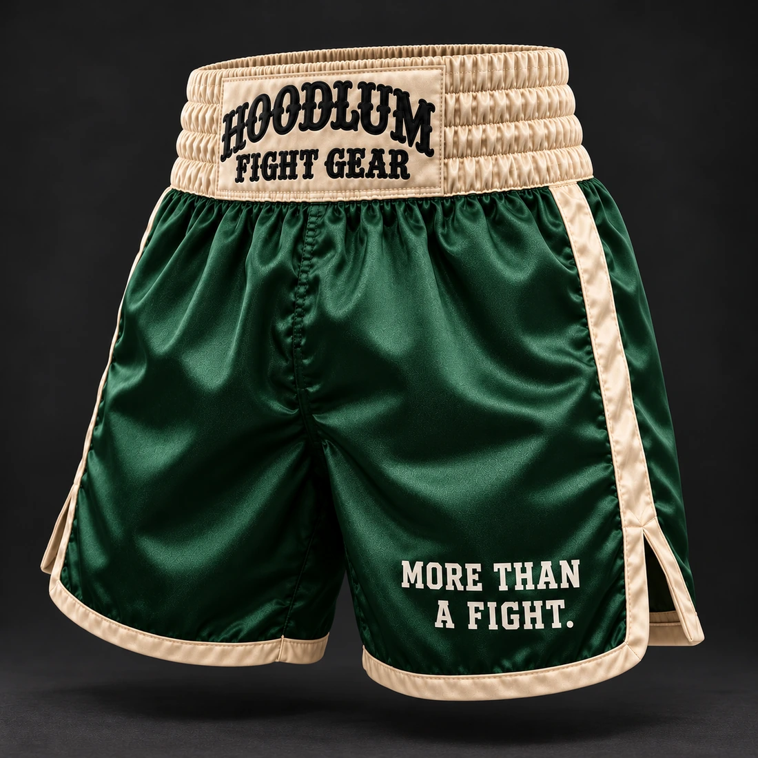 Heritage Satin Boxing Shorts — Forest / Sand — Three-quarter view (AI demo concept)