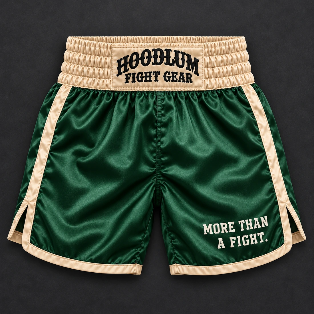 Heritage Satin Boxing Shorts — Forest / Sand — Flat-lay view (AI demo concept)