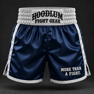 Heritage Satin Boxing Shorts — Midnight / Ice — Front view (AI demo concept)