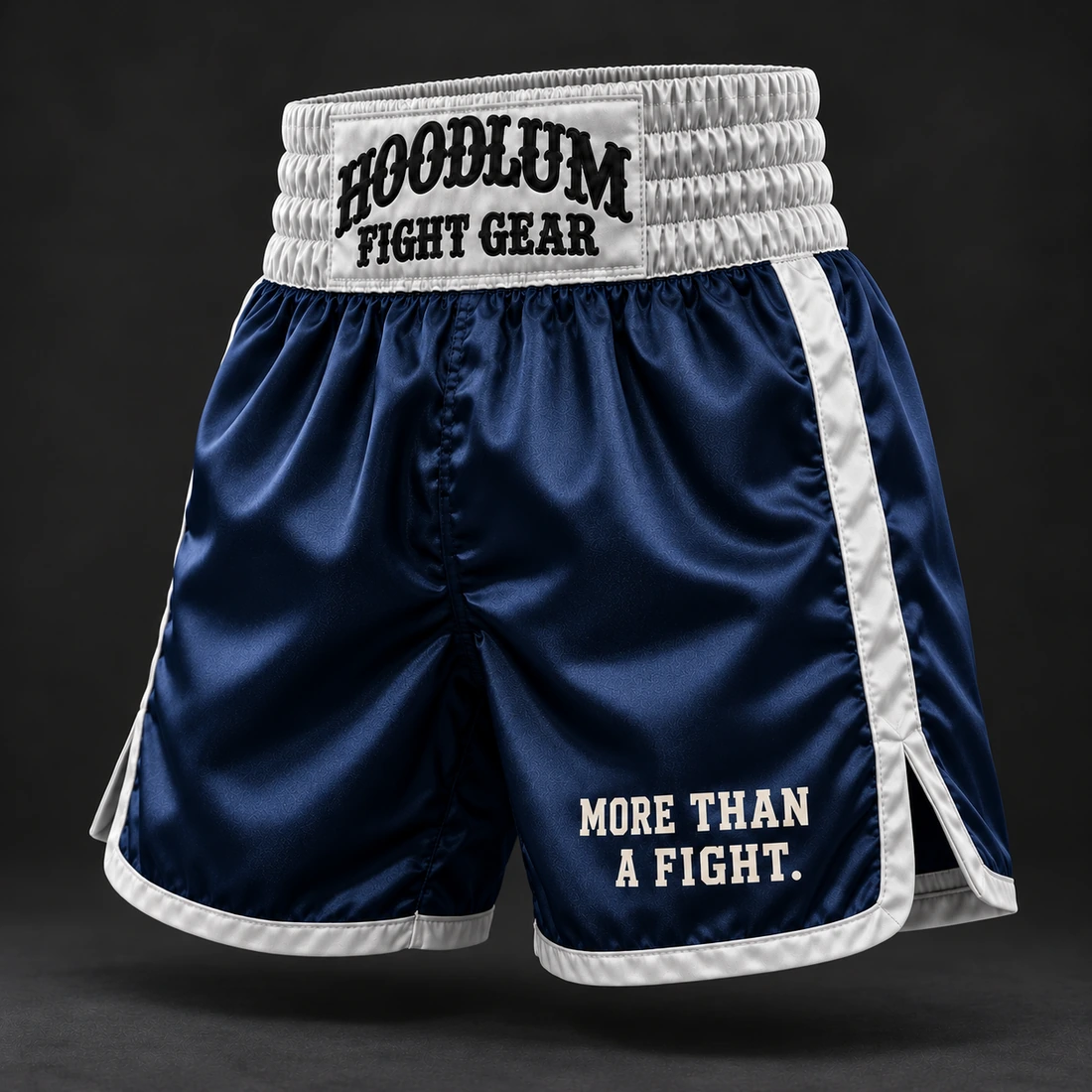 Heritage Satin Boxing Shorts — Midnight / Ice — Three-quarter view (AI demo concept)
