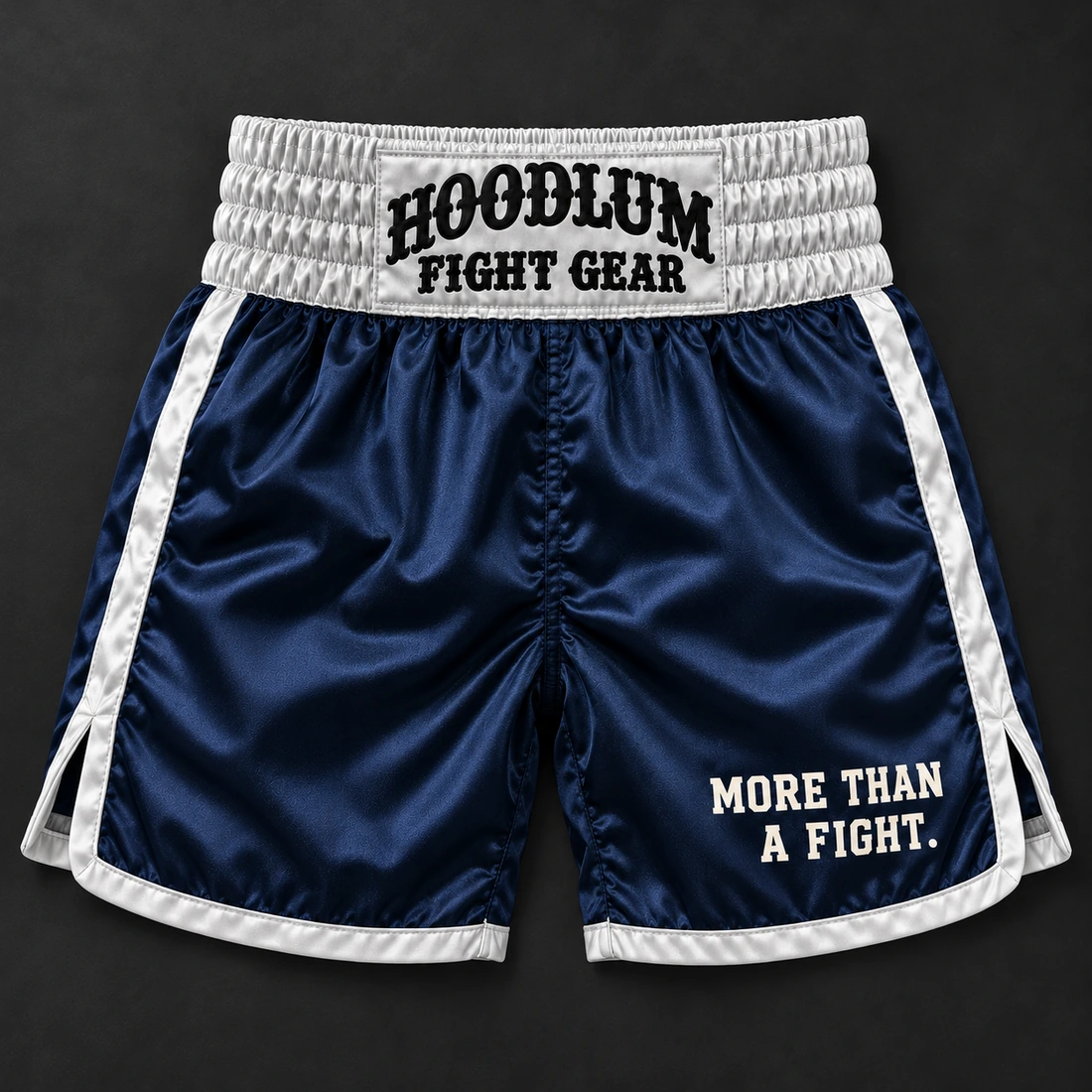 Heritage Satin Boxing Shorts — Midnight / Ice — Flat-lay view (AI demo concept)