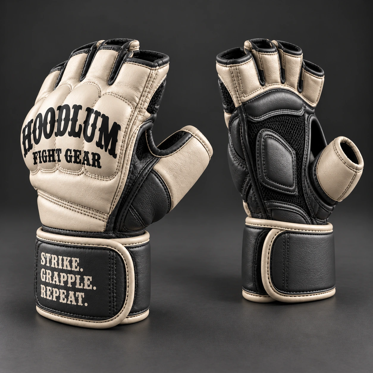 Hybrid Training Gloves — Bone / Graphite — Opposite-side view (AI demo concept)