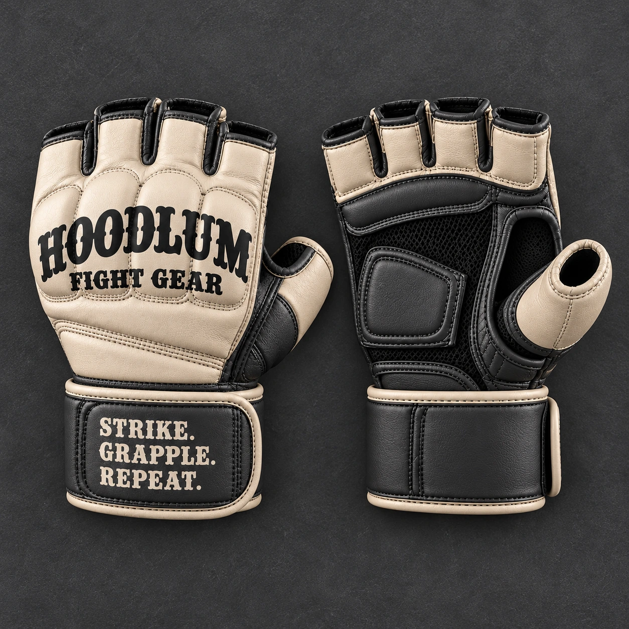 Hybrid Training Gloves — Bone / Graphite — Top view (AI demo concept)
