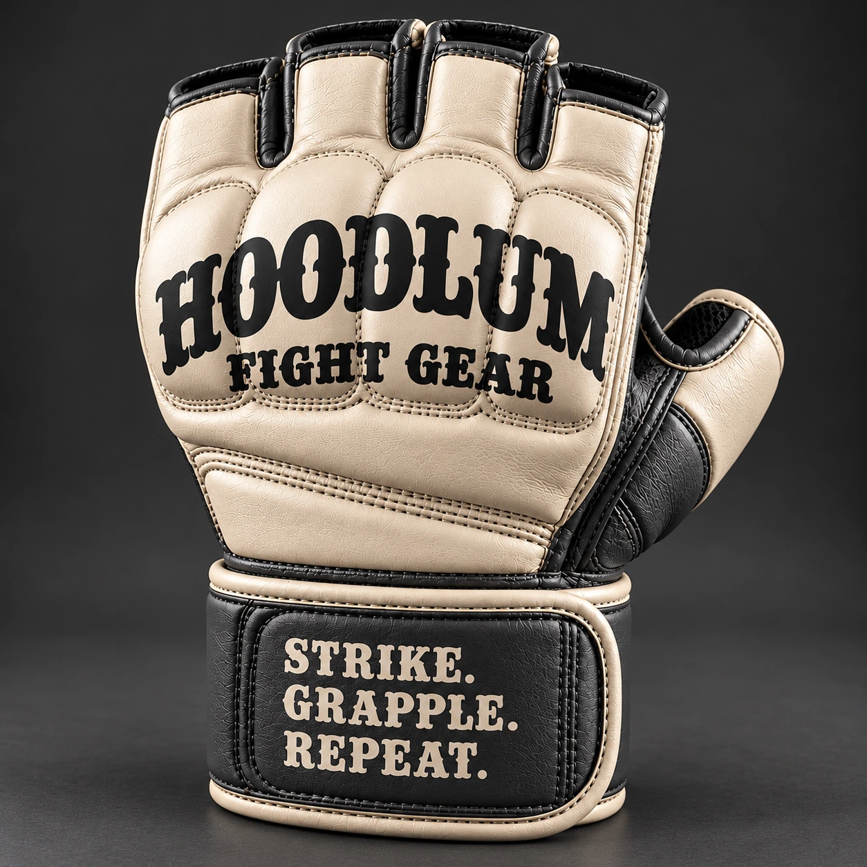 Hybrid Training Gloves — Bone / Graphite — Branding detail (AI demo concept)