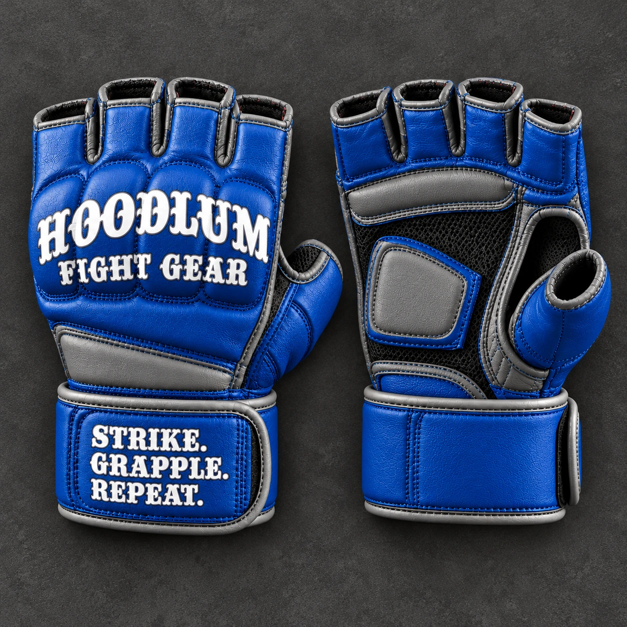 Hybrid Training Gloves — Cobalt / Steel — Top view (AI demo concept)