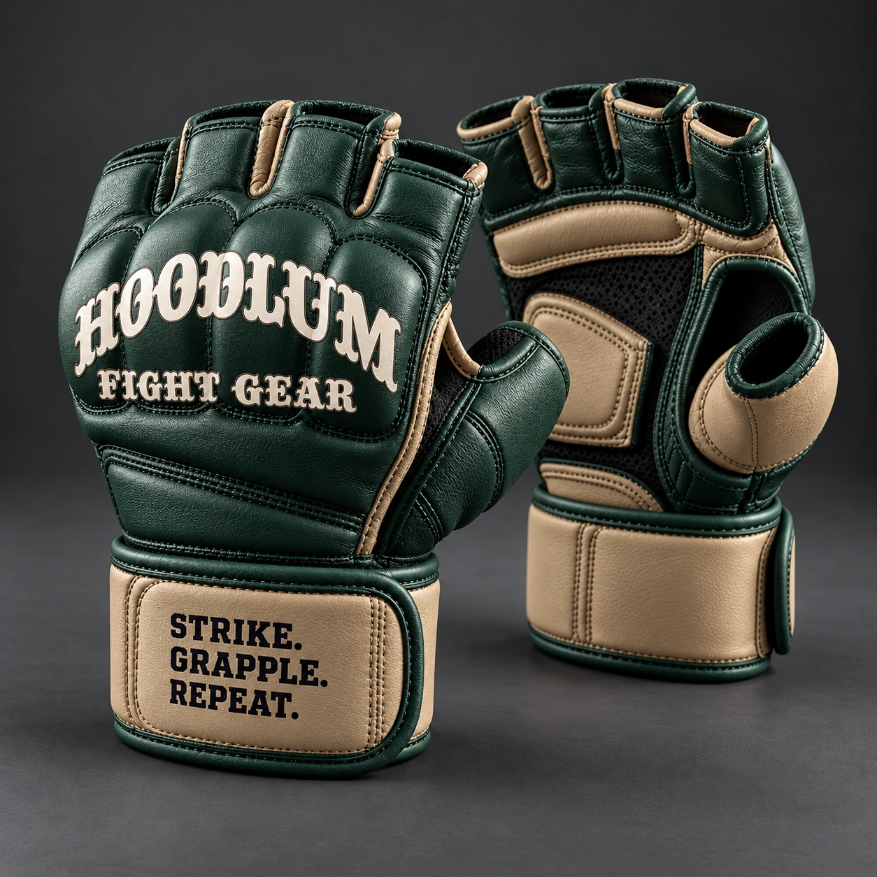 Hybrid Training Gloves — Forest / Sand — Three-quarter view (AI demo concept)